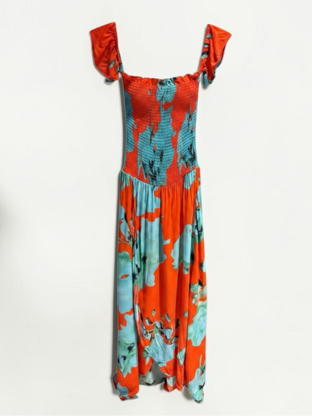 On The Road Orange and Teal Smocked Maxi Dress - Size XS